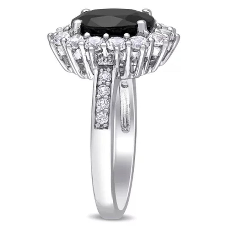 Oval Cut Black Sapphire and Created White Sapphire Halo Ring in Sterling Silver