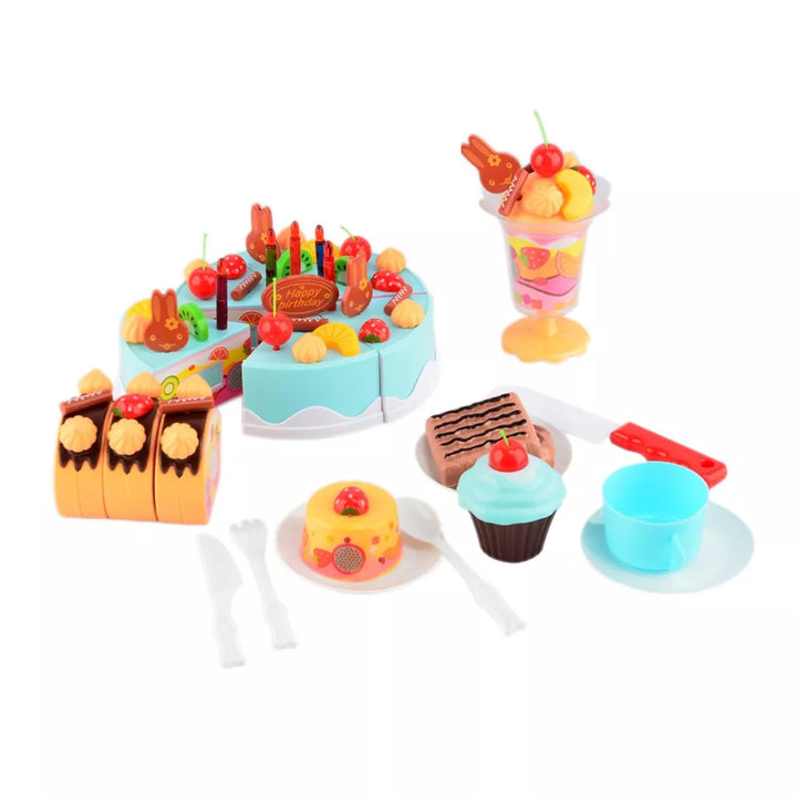 Link 75 Piece Birthday Fruit Decoration Cake, DIY Fruit Cake, Pretend Play Desserts Food Toy Set, Blue