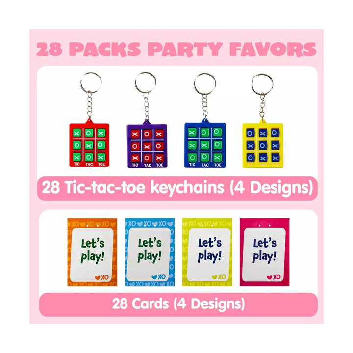 28 Packs Valentine'S Day Gift Cards with Tic-Tac-Toe Keychain for Kids Party Favor, Classroom Exchange Prizes, Valentine’S Greeting Cards