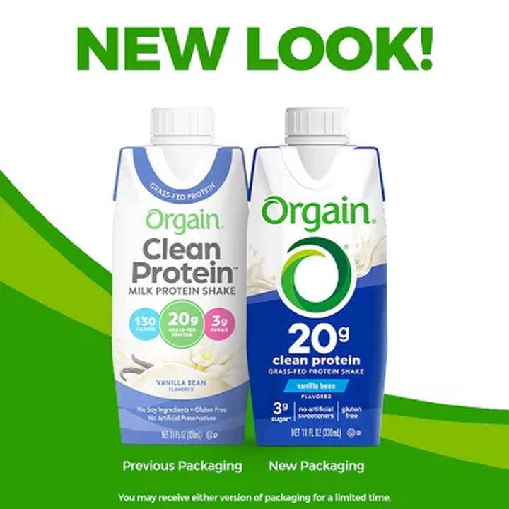 Orgain 20G Clean Protein Grass-Fed Protein Shake, Vanilla Bean 11 Fl. Oz., 12 Pk.