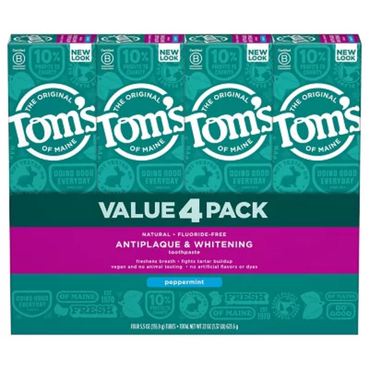 Tom'S of Maine Fluoride-Free Antiplaque & Whitening Toothpaste, Peppermint, 5.5 Oz., 4 Pk.