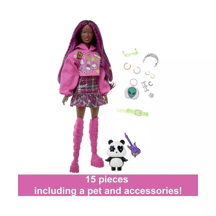 Barbie Extra Fashion Doll with Pink-Streaked Brunette Hair in Graphic Hoodie with Accessories & Pet