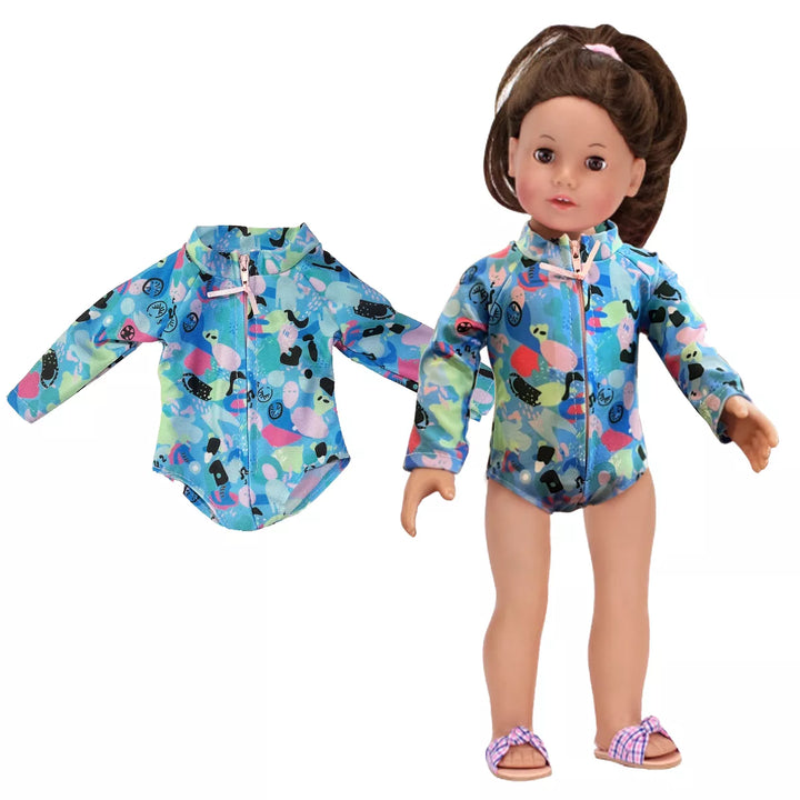 Sophia’S Colorful Collage Print Long Sleeve Rash Guard Swimsuit for 18" Dolls, Blue