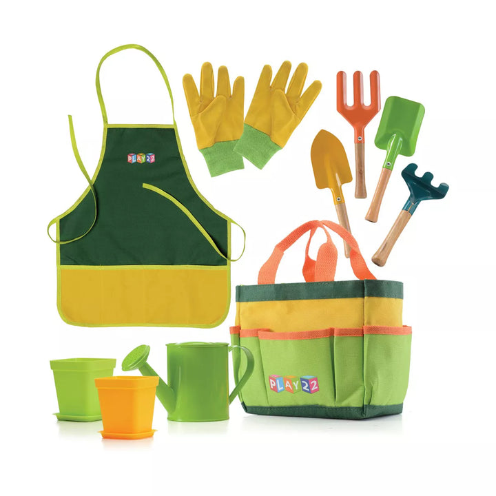 Kids Gardening Tool Set 12 PCS - Kids Gardening Tools with Shovel, Rake, Fork, Trowel, Apron, Gloves Watering Can and Tote Bag - Play22Usa