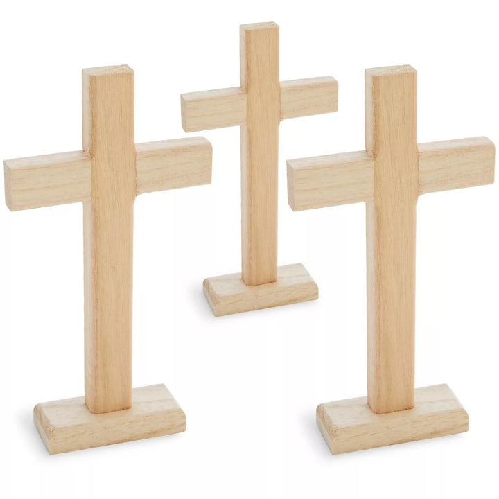 Juvale 3 Pack Unfinished Wood Cross Crucifix Religious Home Decor Gifts, Standing Table Cross Decorations,