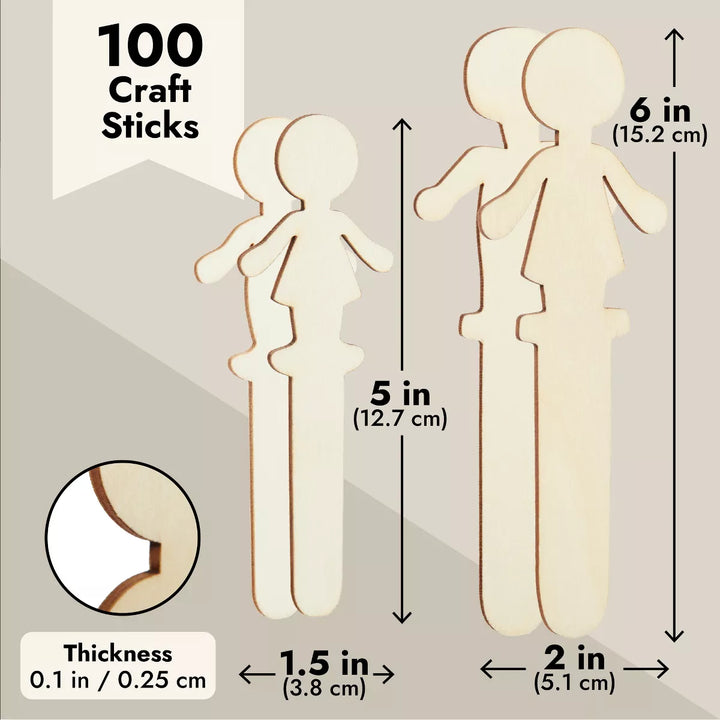 Juvale 100 Pack Unfinished People Shaped Craft Sticks, Wooden Popsicle Sticks for DIY Projects