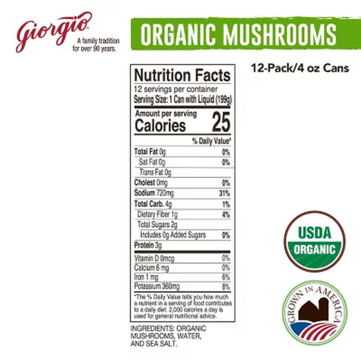 Giorgio Organic Mushrooms, 4 Oz., 12 Pk.