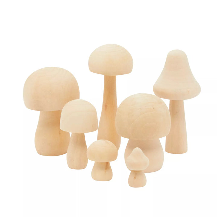 Bright Creations 14 Pieces Mini Wooden Mushrooms for Home Decor, Unfinished Wood Peg Dolls for Crafts, 7 Sizes