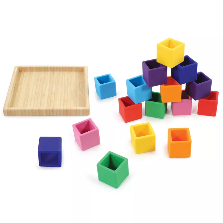 Hudson Baby Silicone Block Set with Wood Tray, Multicolor, One Size