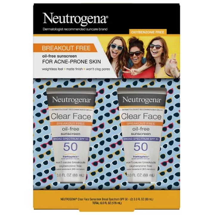 Neutrogena Clear Face Sunscreen, SPF 50, 3 Oz., 2 Pk.