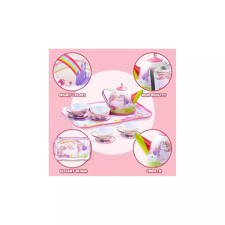 Syncfun Unicorn Castle Pretend Tea Set for Kids Toddlers Age 3 4 5 6, Princess Tea Party Set with Teapot, Cups, Plates and Carrying Case