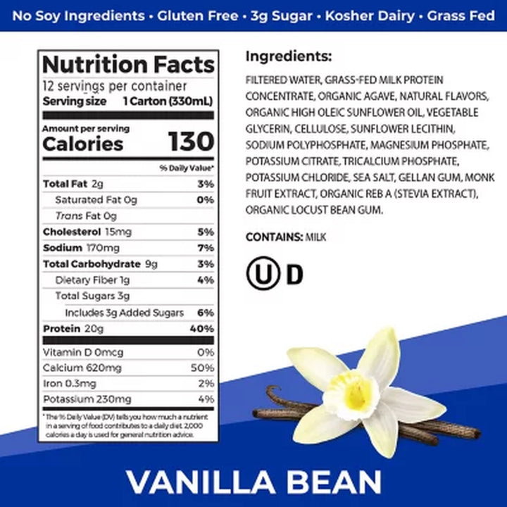 Orgain 20G Clean Protein Grass-Fed Protein Shake, Vanilla Bean 11 Fl. Oz., 12 Pk.