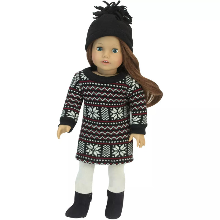 Sophia’S Fair Isle Dress, Hat, & Tights Outfit Set for 18” Dolls, Black/White