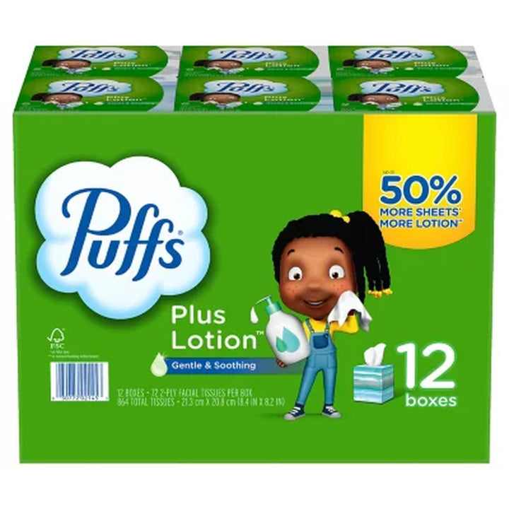 Puffs plus Lotion 2-Ply Facial Tissues, Cube Boxes 72 Tissues/Box, 12 Boxes