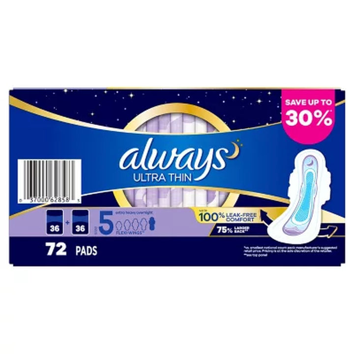 Always Ultra Thin, Size 5, Extra Heavy Overnight Pads with Wings, Unscented, 72 Ct.