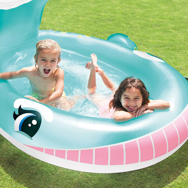 INTEX Inflatable Whale Kiddie Pool: Built-In Water Sprayer – Convienient Drain Plug – Durable Vinyl – 79" X 77" X 36" – Ages 3+