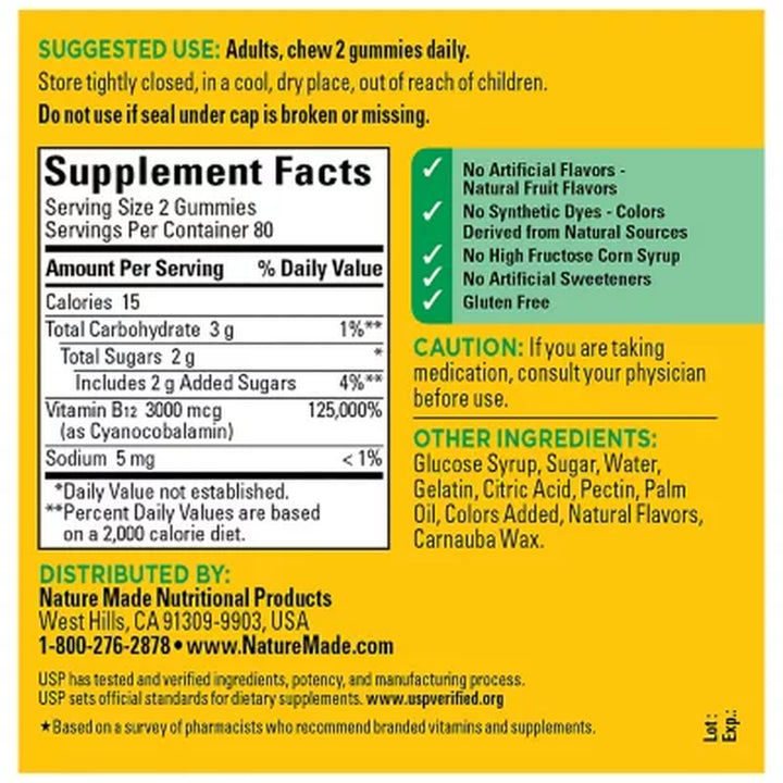 Nature Made Vitamin B12 Extra Strength 3000Mcg Gummies, 160 Ct.