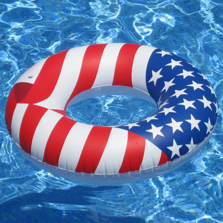 Swimline 90196 round 36 Inch Inflatable Patriotic American Flag Swimming Pool or Lake Tube Lounger Water Float for Kids and Adults, Red, White, Blue