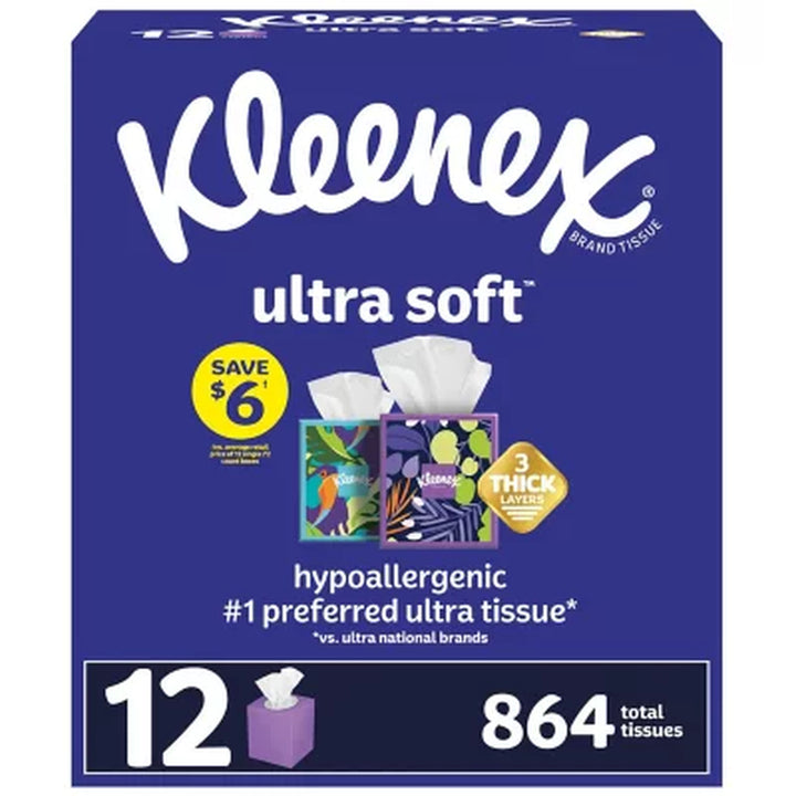 Kleenex Ultra Soft 3-Ply Facial Tissues, Cube Boxes 72 Tissues/Box, 12 Boxes