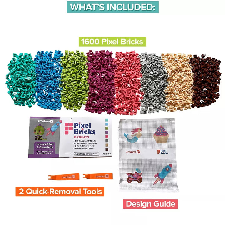 Creativeqt Pixel Bricks Mosaic Kit, 8 Bright Colors, 1X1 Build Bricks, 1600 Pieces, Nano Blocks Art Set for Kids & Adults
