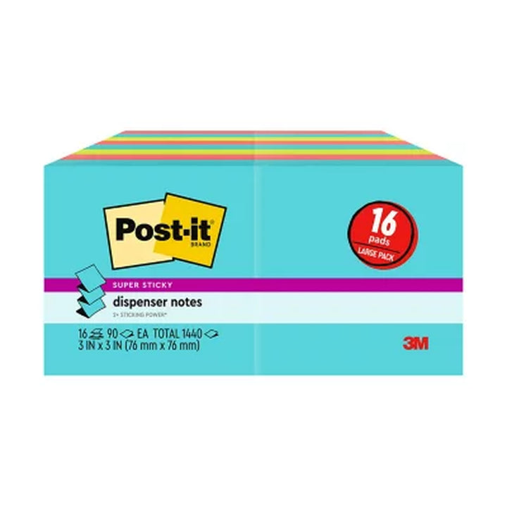 Post-It Super Sticky Pop-Up Notes, 3" X 3", Supernova Neons Collection, 16 Pack, 1,440 Total Sheets
