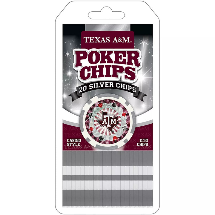 Masterpieces Casino Style 20 Piece 11.5 Gram Poker Chip Set NCAA Texas A&M Aggies Silver Edition.