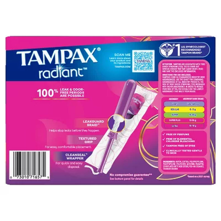 Tampax Radiant Tampons Trio Pack, Light/Regular/Super, Unscented, 80 Ct.