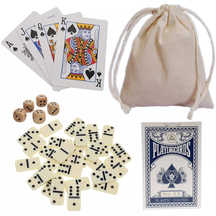 WE Games Mini Double 6 Dominoes, Dice and Card Travel Game