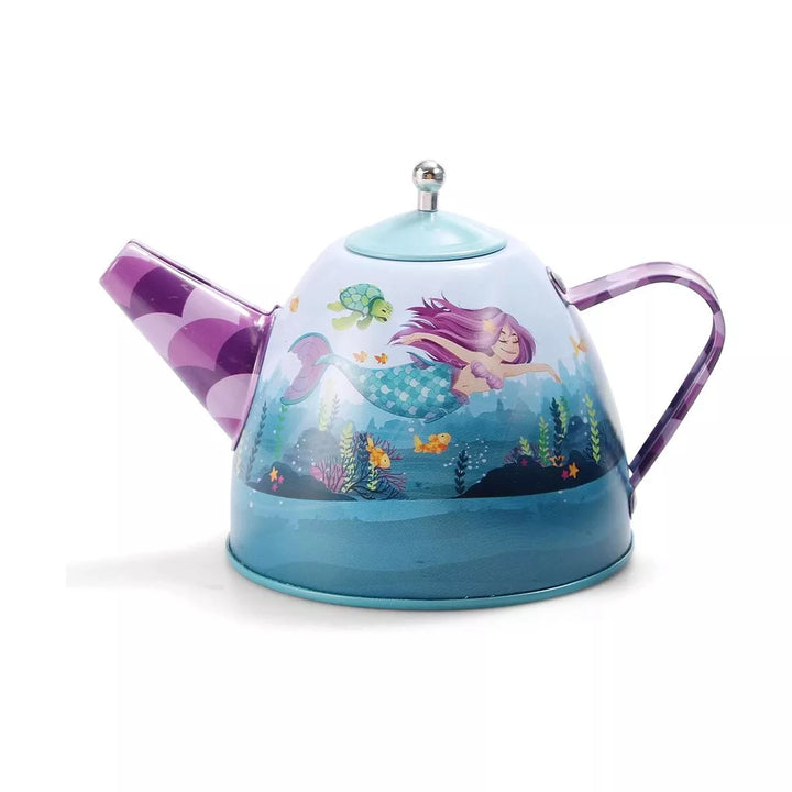 15Pcs Mermaid Tea Party Set for Little Girls with Tin Tea Set + Food & Carrying Case Set for Little Girls, Pretend Tin Teapot Set, Princess Tea Toy