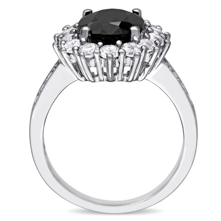 Oval Cut Black Sapphire and Created White Sapphire Halo Ring in Sterling Silver