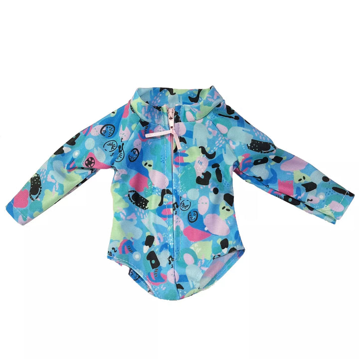 Sophia’S Colorful Collage Print Long Sleeve Rash Guard Swimsuit for 18" Dolls, Blue