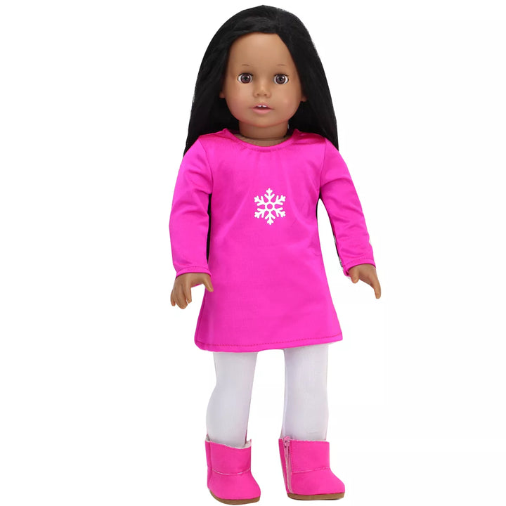 Sophia’S Snowflake Dress, Faux Fur Vest, Leggings, & Booties Outfit for 18” Dolls, Hot Pink/Silver/White