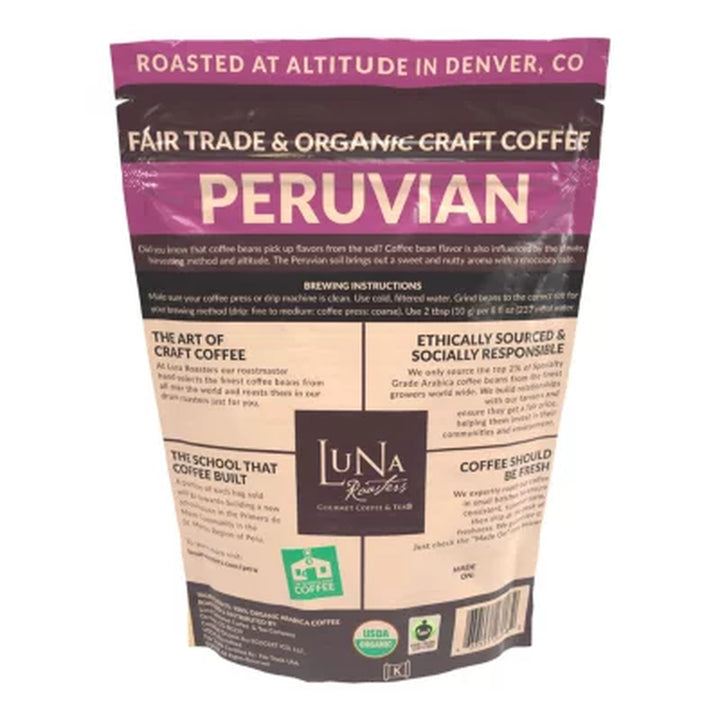 Luna Roasters Organic Peruvian Whole Bean Coffee, Medium Roast, 30 Oz.