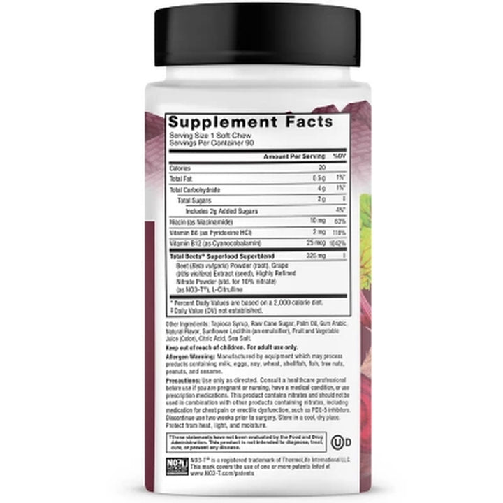 Force Factor Total Beets, Beet Root Superfood Soft Chews, Acai Berry 90 Ct.