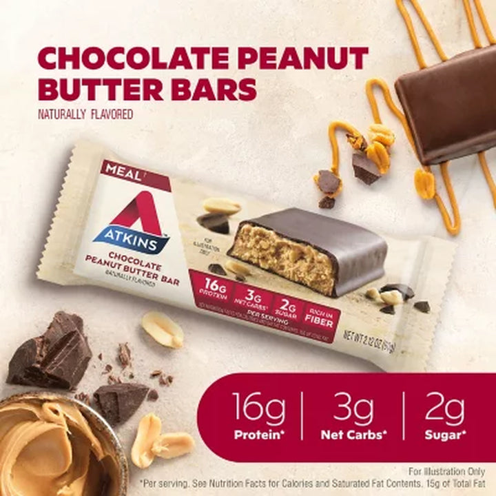 Atkins Chocolate Peanut Butter Meal Bars, High Fiber, 16G of Protein 15 Ct.