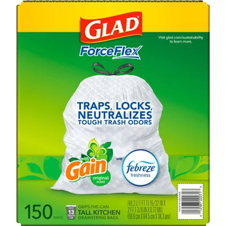 Glad Forceflex Tall Kitchen Trash Bags, Gain Original Scent with Febreze Freshness (13 Gal., 150 Ct.)