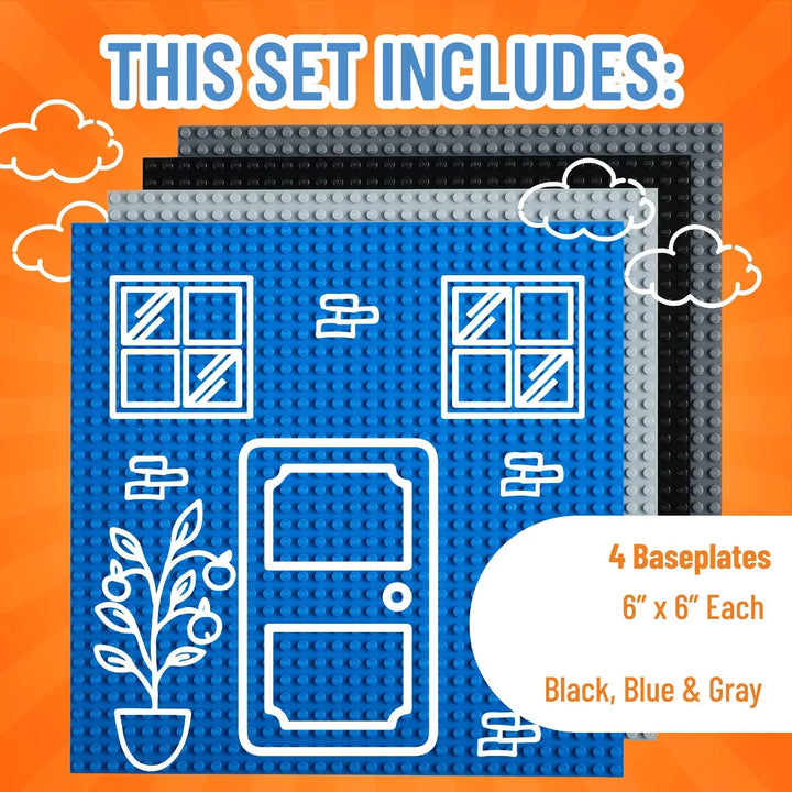 Strictly Briks Classic Stackable Baseplates, for Building Bricks, Bases for Tables, Mats, Black/Blue/Gray, 4 Pack, 10X10 Inches