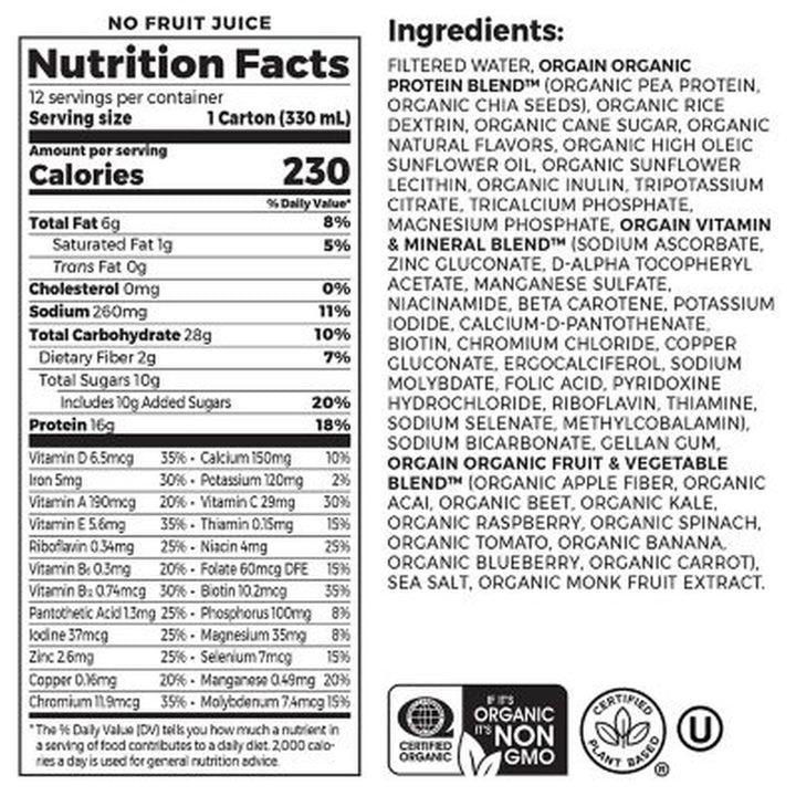 Orgain Organic Nutrition 16G Vegan Plant Based Protein Shake, Vanilla Bean 11 Fl. Oz., 12 Ct.