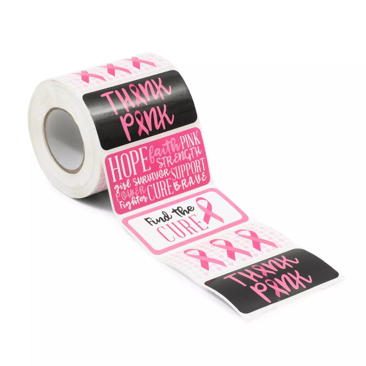 Paper Junkie 500-Pack Breast Cancer Awareness Stickers Roll, Motivation and Thank You Quotes (3 X 1.5 In)