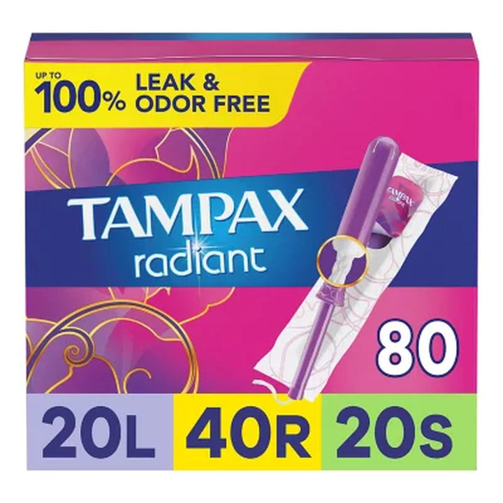 Tampax Radiant Tampons Trio Pack, Light/Regular/Super, Unscented, 80 Ct.