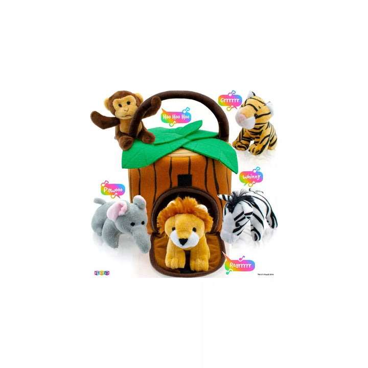 Baby Plush Talking Stuffed Animals Jungle 6 Pcs Set with Carrier for Kids Includes Jungle House, Elephant, Tiger, Lion, Zebra, and Monkey - Play22Usa