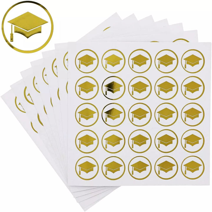 Paper Junkie 200 Pack Graduation Cap Stickers, Gold Foil Grad Hat Labels, Self Adhesive Invitation Envelope Seals (1 Inch)