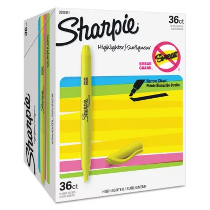 Sharpie Pocket Highlighters - Office Pack, Chisel Tip, Yellow, 36 per Pack