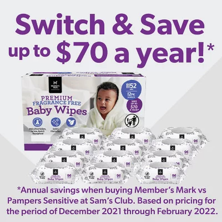 Member'S Mark Premium Fragrance-Free Baby Wipes, 12 Packs 1152 Ct.