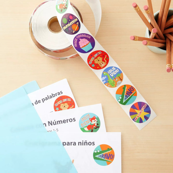 Blue Panda 1000 Piece Motivational Spanish Stickers - Reward Stickers for Kids, Classroom Supplies (8 Assorted Designs, 1.5 In)