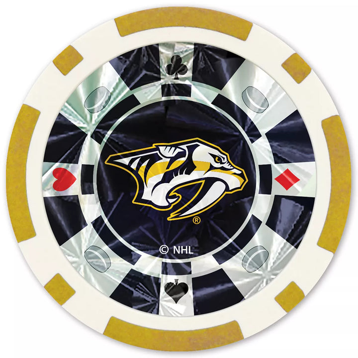 Masterpieces Casino Style 20 Piece 11.5 Gram Poker Chip Set NHL Nashville Predators Silver Edition.