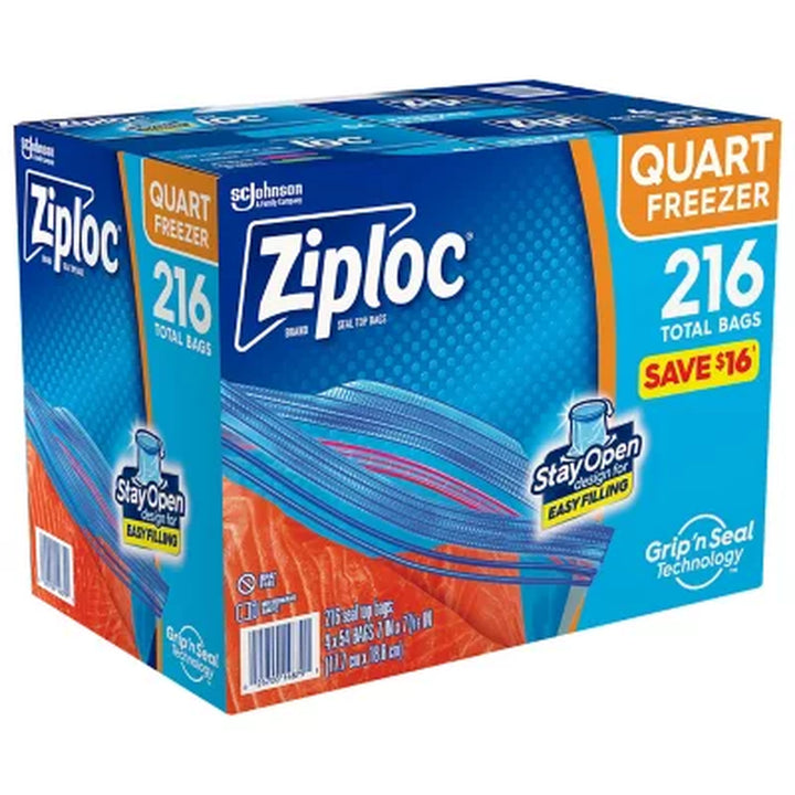 Ziploc Easy Open Tabs Freezer Quart Bags with New Stay Open Design, 216 Ct.