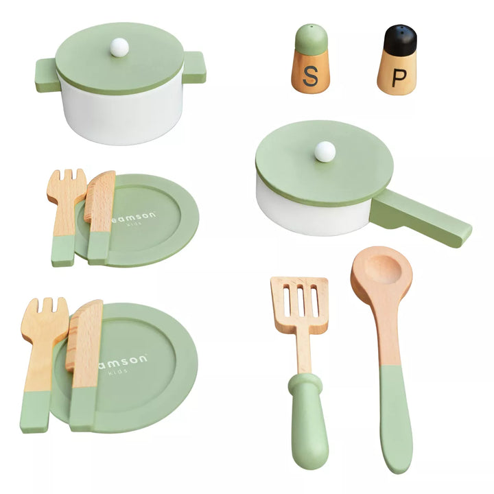 Teamson Kids Wooden Cookware Play Kitchen Toy Accessories Green 14 Pcs TK-W00009