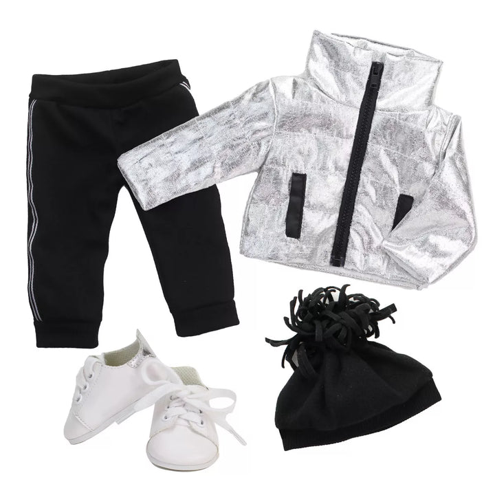 Sophia’S Silver Metallic Jacket, Black Side Stripe Joggers, Sneakers, & Hat for 18” Dolls, Silver/Black