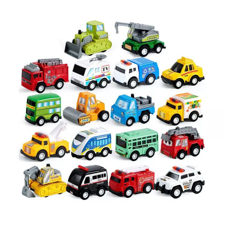 SYNCFUN 18 Pcs Pull Back City Cars and Trucks Toy Vehicles Set for Toddlers, Boys, Girls’ Educational Play, Goodie Bags Easter Basket Stuffers